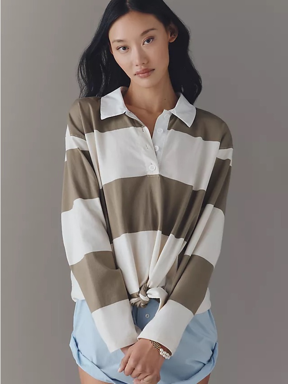 Striped Rugby Polo Top in Olive and White